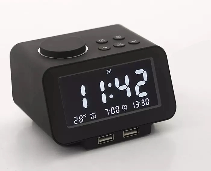 K8 Dual USB Alarm Clock Mini FM Radio Snooze Sleep Function Bedside Digital Table Clock for Hotel LCD Time Display Clock Speaker