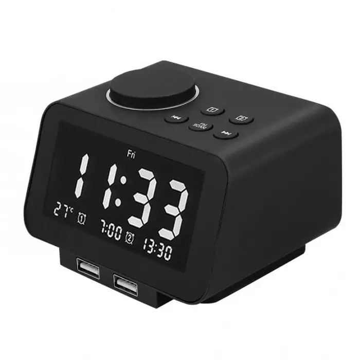 K8 Dual USB Alarm Clock Mini FM Radio Snooze Sleep Function Bedside Digital Table Clock for Hotel LCD Time Display Clock Speaker
